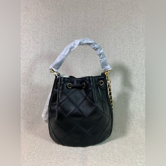 Tory Burch Soft Fleming Small Bucket Bag Black Quilted Leather Crossbody - Picture 6 of 16